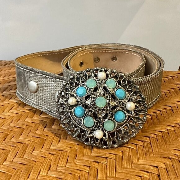 Leatherock silver belt with turquoise buckle - Picture 1 of 5